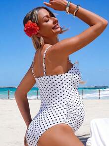 SHEIN 26SS 夏季海灘度假復古圓點鋼圈基本款休閒孕婦連身泳衣 - 彩色 - 查看 4