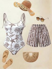 Swim Oasis 26SS 春夏度假風 魚骨波西米亞風 一件式泳衣附短褲 2件套 - 彩色 - 查看 1
