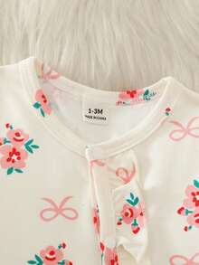 SHEIN 新生兒春秋長袖時尚清新休閒數位印花連身衣 + 帽子，適合外出、休閒公園散步或旅行度假穿著 - 米色 - 查看 6