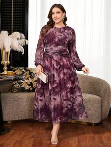 Reflora Plus Size Women's Dress Autumn/Winter Elegant Traditional Long Sleeve Mesh Printed Long Romantic Party Formal Mother Of The Bride Wedding Dark Purple - Multicolor - View 8
