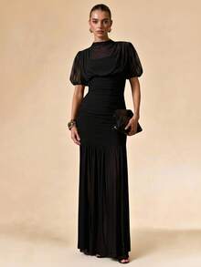 SHEIN BAE Spring/Summer Solid Black Wrap Shawl Elegant Sheer Slim Fit Ruched Extra Long Mesh Dress, Dinner, Bridesmaid, Women's Tea Party, None - Black - View 3