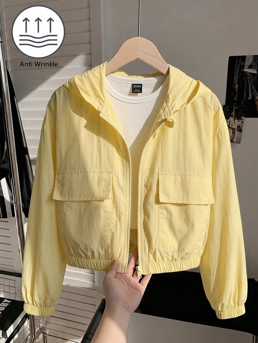 SHEIN Sparklyn Chaqueta casual versátil de uso diario con capucha y cremallera de unicolor para niña preadolescente - Amarillo - Ver 1