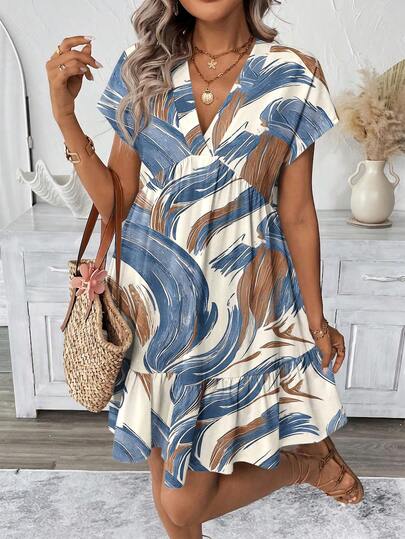 SHEIN LUNE Women's Casual Geometric Abstract Print V-Neck Flared Dress