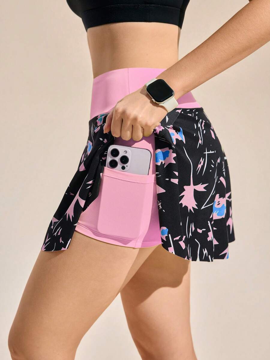 Exploreva Exploreva Contrast Color Print High Waist Sports Skort - Multicolor - View 1
