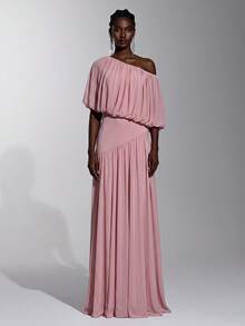 Elitara Elegant Dusty Pink Stretch Mesh Bridesmaid Dress Hand-Pleated Asymmetrical Neckline Tulip Design Pleated A-Line Formal Wedding Evening Party - Pink - View 4