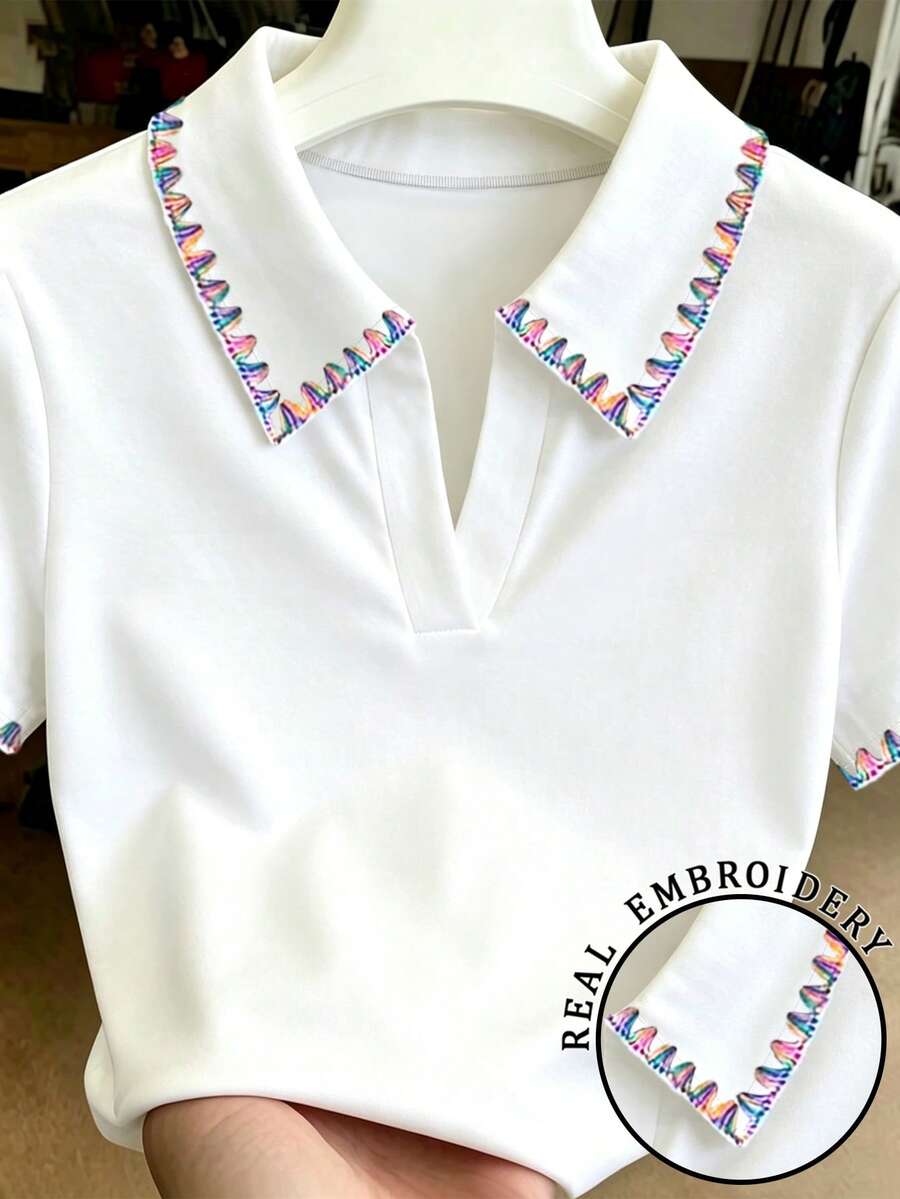 Resyla 女款 POLO 領短袖修身 T 恤,休閒日常穿著,夏季短袖上衣,最新款條紋刺繡領 T 恤 - 彩色 - 查看 1