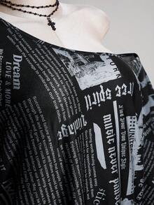 SHEIN ICON 女款大尺碼復古70年代Grunge千禧風Y2K休閒街頭露肩拼接報紙圖案黑白寬鬆T恤夏季 - 彩色 - 查看 9