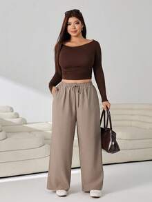 Solflare Plus Size Women's Solid Color Drawstring Waist Casual Versatile Wide Leg Pants For Daily Wear - Camel - View 5