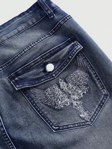 ROMWE Grunge Punk 春夏休閒龐克刺繡圖案大尺碼女款喇叭高彈力牛仔褲 - 藍色 - 查看 4