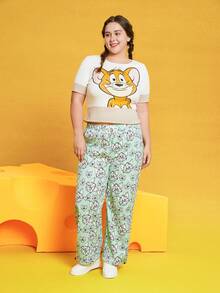 TOM & JERRY X SHEIN Plus Drawstring Waist Cartoon Graphic Pants - MultiWarna - View 3