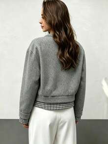 RiviMae Women's Autumn/Winter Elegant Round Neck Short Solid Color & Plaid Patchwork Open Jacket Coat, Suitable For Daily Wear And Commuting, Minimalist - Grey - View 2