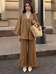 Elenzga 女款蝴蝶結蕾絲飾邊前開襟襯衫與長褲兩件套，卡其色，秋季早午餐休閒優雅風 - 棕色 - 查看 6