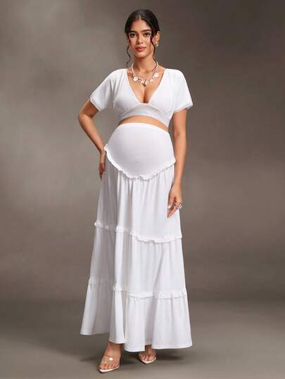Cheriluna Maternity Cream V-Neck Cropped Top + High-Waist Pleated Wide-Leg Long Skirt 2-Piece Set, Drop Shoulder Short Sleeve Midriff Design, Flowy Drape Fabric, Vacation Casual Slimming Outfit