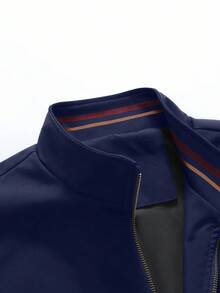 Manfinity Homme Men's Solid Color Long Sleeve Zip-Up Jacket - Navy Blue - View 3