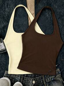 Tween Girl Solid Color Fitted Casual Halter Tank Top - Multicolor - View 4