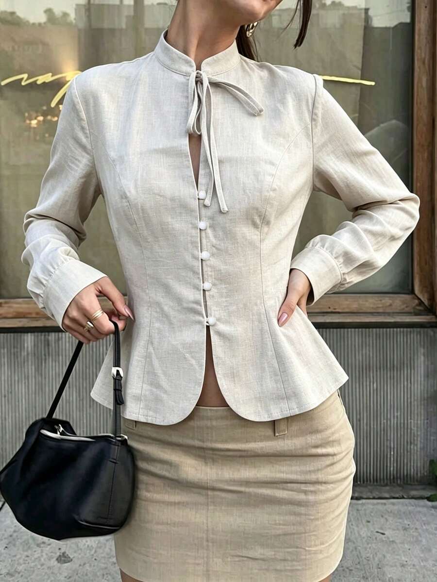 SHEIN PariChic 女款純色立領休閒百搭日常外出襯衫 - 杏色 - 查看 1
