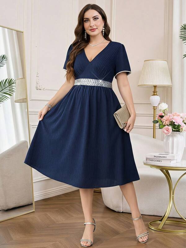 SHEIN Clasi Plus Size Women's Summer Dress, Elegant Short Sleeve Midi Dress With Pockets, V-Neck Cinched Waist, Green Ditsy Floral, Casual Everyday Wear