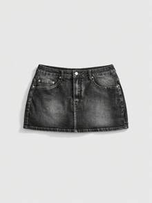 ROMWE Y2K Plus Size Millennium Pink Crown & Bow Embroidered Pattern Vintage Spring/Summer Slimming High Elasticity Denim Mini Skirt (Includes Lining & Built-In Leggings) - Black - View 2
