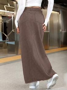 SHEIN ICON Váy mini denim màu trơn cỡ lớn dành cho nữ, Thu/Đông - màu nâu - Xem 2