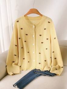 CosyJoli Plus Size Elegant French Style 3D Polka Dot Knit Cardigan Sweater Yellow Autumn/Winter Top For Women - Yellow - View 2