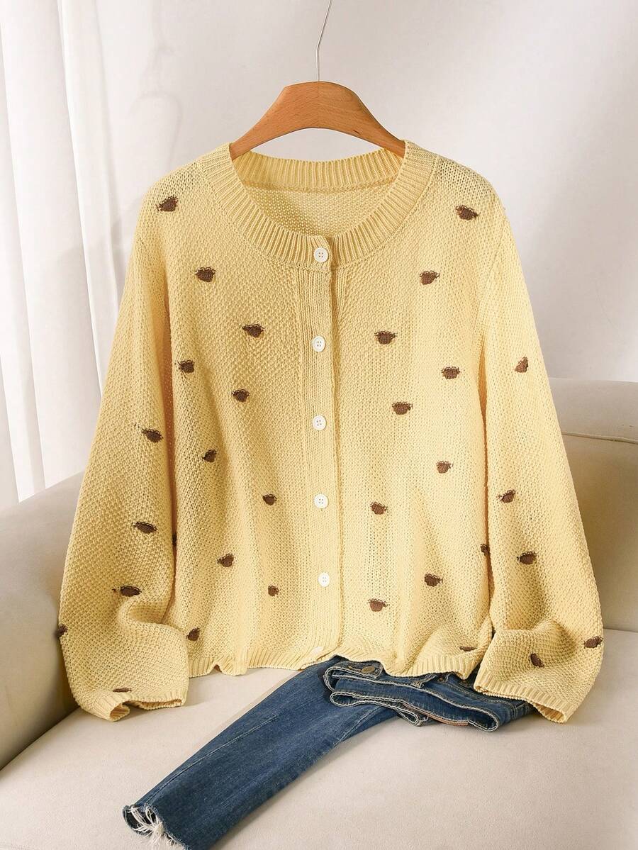CosyJoli Plus Size Elegant French Style 3D Polka Dot Knit Cardigan Sweater Yellow Autumn/Winter Top For Women