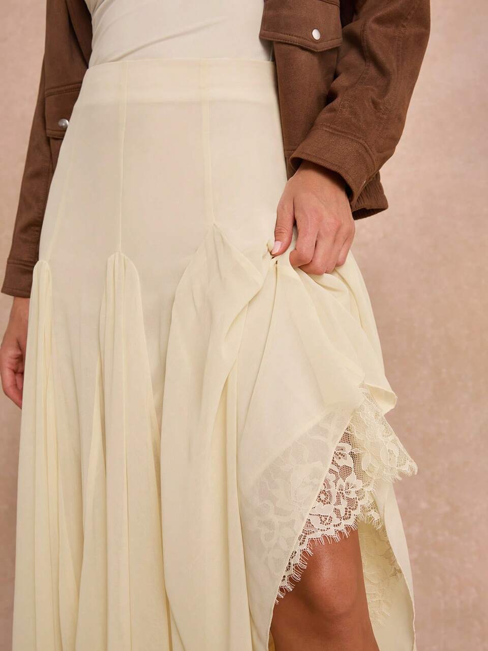 Enchnt Premium Pre-Fall Romantic Women's Elegant Apricot Lace Ruffle Hem Skirt,Casual Skirt,Festival Outfits,Streetwear,Work Outfits,Office Outfits