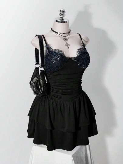SHEIN ICON Women's Plus Size Lace Patchwork Black Fitted Dress