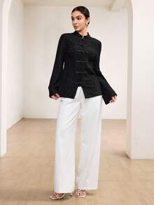 Graceveil Women's Elegant Casual Textured Fabric Frog Button Design Long Sleeve Blouse, Going Out Tops For Women, Autumn New Arrival - Black - View 6