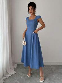 Elenzga Women's Summer Casual Square Neck Denim Dress - Blue - View 5