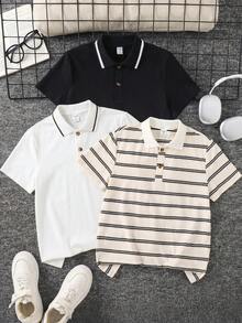SHEIN 兒童青少年男孩買2送1，3件組休閒運動學院風翻領 Polo 衫，條紋 Polo 衫、卡其色 Polo 衫、黑色 Polo 衫 3 件套，適合返校、日常穿著舒適，適用於學校、旅行 - 彩色 - 查看 4