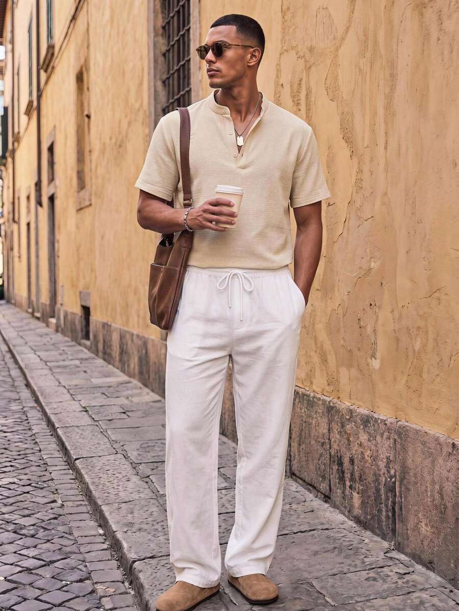 HIMLAND Men's Summer Linen-Feel 2-Piece Set Beige Henley Short Sleeve Shirt White Drawstring Pants Minimalist Casual Tropical Modest Resort Outfit Vacation - Apricot - View 1