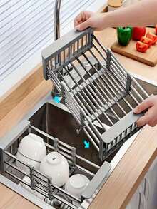 Escurridor ajustable de acero inoxidable retráctil, estante de almacenamiento para fregadero sin perforaciones, escurridor ahorrador de espacio, diseño a rayas, adecuado para fregaderos y encimeras, almacenamiento de cocina moderno, estante de almacenamiento multifuncional - Multicolor - Ver 7