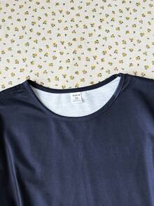 SHEIN 青少年女孩睡衣 春夏新款 皇家藍格紋印花 休閒寬鬆 極簡圓領短袖長褲家居服 - 寶藍色 - 查看 7