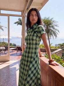 Nöista Women's Fashion Elegant Frog Button Plaid Short Sleeve Dress - Dark Green - View 9