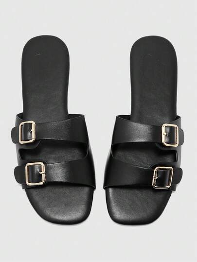 CUCCOO BIZCHIC Summer New Black One-Button Women's Flat Sandals Slippers Casual Fashion Versatile Comfortable Commuter Women's Flat Sandals Women's Shoes