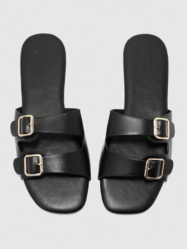 CUCCOO BIZCHIC Summer New Black One-Button Women's Flat Sandals Slippers Casual Fashion Versatile Comfortable Commuter Women's Flat Sandals Women's Shoes