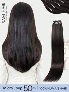 Micro Loop Human Hair Extensions Premium Virgin Remy Hair 1B# Natural Color Reusable Invisible Micro Link Bead Hair No Glue No Tape Design 50Pcs 14-22 Inch Anti Shedding Soft Texture Ideal For Full Head Makeover Holiday& Hairstyle For Girls & Women - S1B - View 1