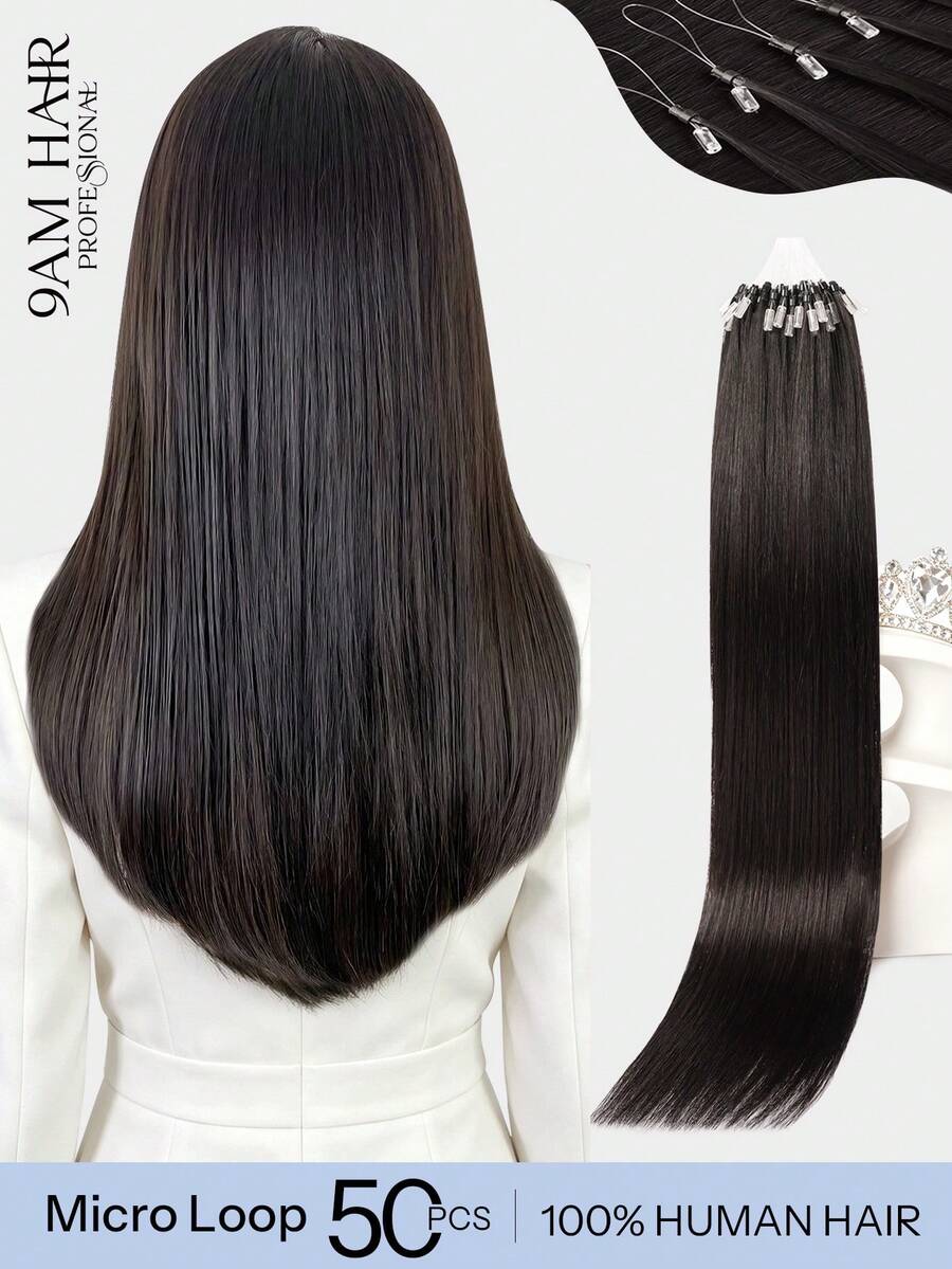 Micro Loop Human Hair Extensions Premium Virgin Remy Hair 1B# Natural Color Reusable Invisible Micro Link Bead Hair No Glue No Tape Design 50Pcs 14-22 Inch Anti Shedding Soft Texture Ideal For Full Head Makeover Holiday& Hairstyle For Girls & Women - S1B - View 1