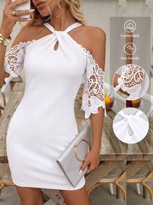 SHEIN LUNE Gaun Musim Semi/Panas dengan Hiasan Renda, Leher V, Patchwork, Bahu Terbuka, Tanpa Punggung, Lengan Setengah, Model Halter, Elegan untuk Pernikahan, Pantai, Koktail, Malam Hari, Serba Putih - Putih - View 3