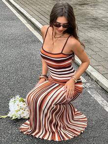 Siren Gaze 女款休閒拼色細肩帶針織洋裝，適合度假、海灘與海邊穿著 - 彩色 - 查看 4