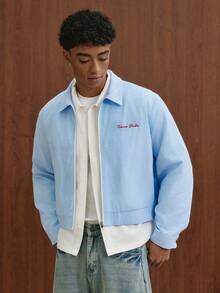 TOKVUE Men's Autumn/Winter Light Blue Fine Striped Chest Embroidered Loose Casual Daily Versatile Commute Exquisite Shacket - Blue and White - View 5