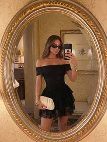 SHEIN Unity Women's Spring/Summer Black Floral Lace Mini Dress Ruffle Cinched Waist Multi-Layer Ruffle Sheer Mesh Party Night Out Sexy Elegant Halloween - Black - View 1