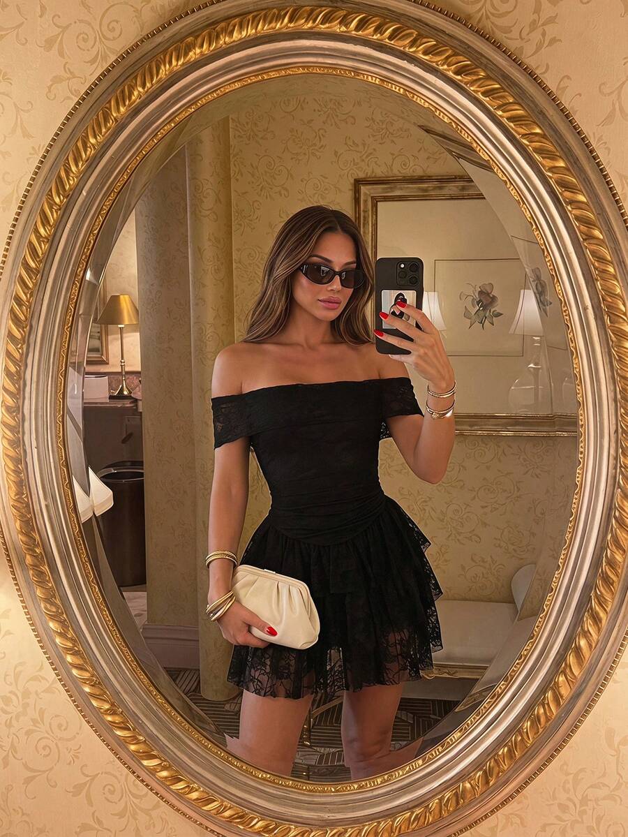 SHEIN Unity Women's Spring/Summer Black Floral Lace Mini Dress Ruffle Cinched Waist Multi-Layer Ruffle Sheer Mesh Party Night Out Sexy Elegant Halloween - Black - View 1