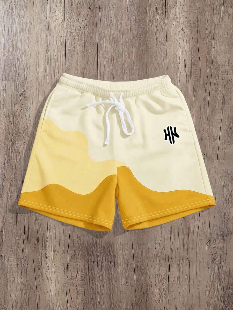Manfinity Joysei Celana Pendek Kasual Musim Panas Pria dengan Motif Blok Warna dan Patchwork - Kuning - View 1
