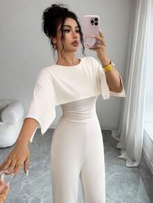 Elenzga Women's French Elegant Apricot Cape-Style Spliced High Waist Wide Leg Jumpsuit - Apricot - View 7