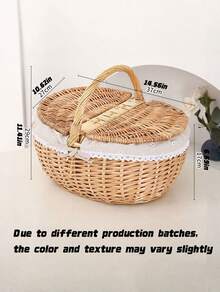 1pc Handwoven Wicker Picnic Basket – Double Lid Storage Hamper With Handle, Natural Willow Fruit Basket For Camping, Shopping, Wedding Decor, Farmhouse Storage - multicolor - View 17