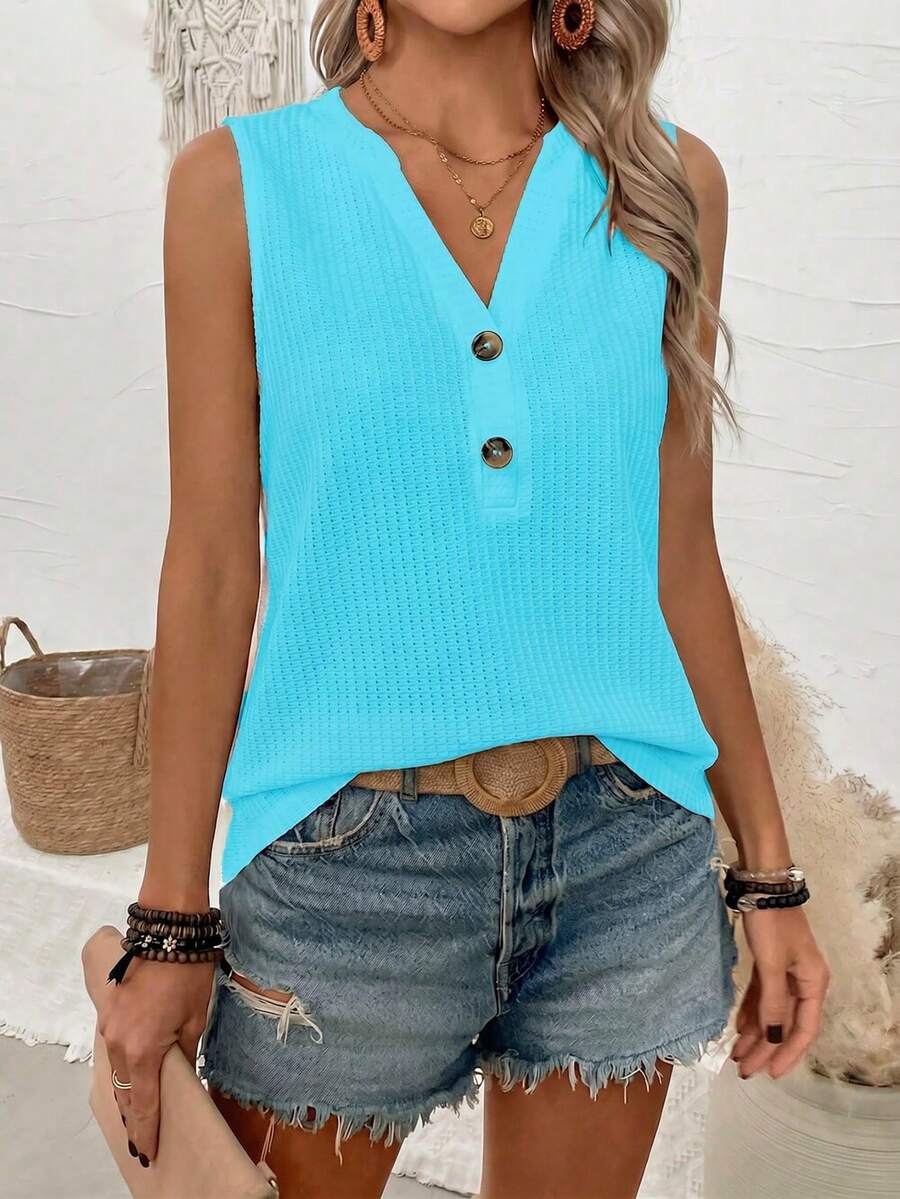 EMERY ROSE Áo tank top cổ chữ V khoét sâu màu trơn phong cách thường ngày mùa hè - Màu xanh lam - Xem 1