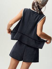 Bohemela Casual Boho Solid Color Knit Loose Washed Tank Top Shorts Women 2 Pieces Set Vacation Dark Grey Summer - Black - View 9