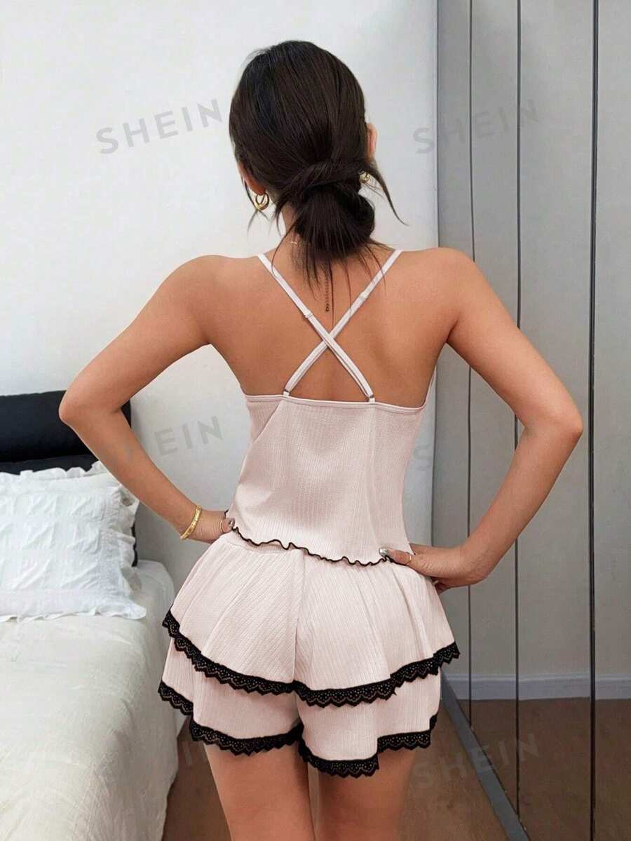 Napfluff Knitted Jacquard Contrast Color Lace Patchwork V-Neck Sexy Women's Pajama Set - Beige - View 1