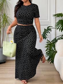 SHEIN EZwear 碎花女款大尺碼休閒T恤與裙子套裝 - 彩色 - 查看 6